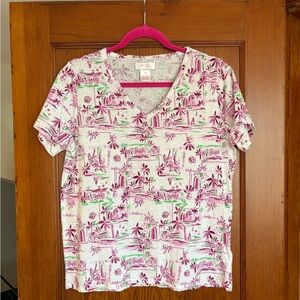 Tropical V-Neck Top with Magenta and Green Design